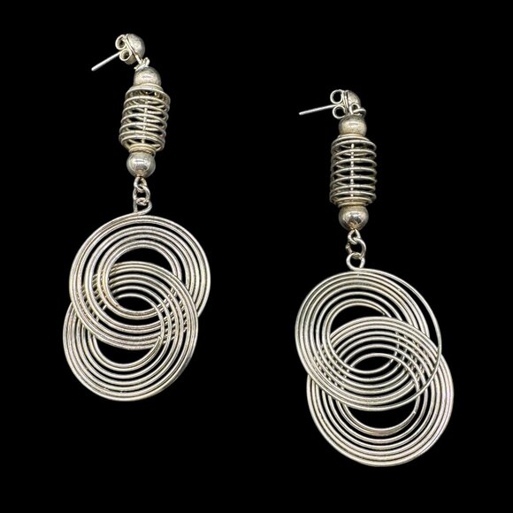 Silver Tone Statement Earrings Pierced Metal Large Circles Dangling Modern - Picture 1 of 6